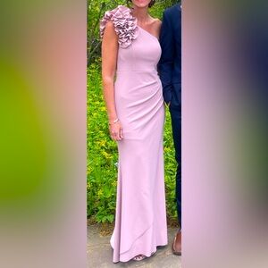 Rose colored XSCAPE one shoulder ruffle dress